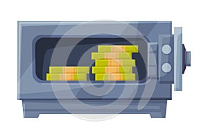 Open Metal Safe or Strongbox with Banknote Stack Inside Vector Illustration