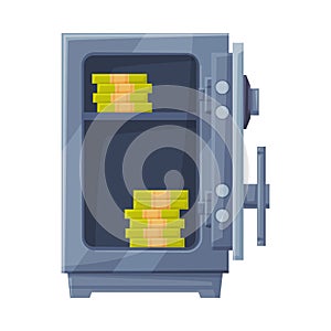 Open Metal Safe or Strongbox with Money Banknote Stack Vector Illustration