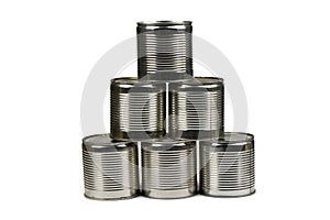 Open metal tin cans placed in a pyramid isolated on white background