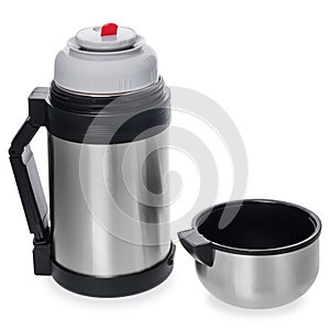 Open metallic thermos with mug, on white background