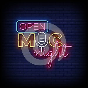 open mic night neon Sign on brick wall background vector