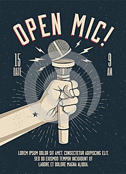 Open Microphone event party session poster flyer template. Vintage styled vector illustration