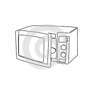 Open microwave continuous line drawing. One line art of home appliance, kitchen, electrical, oven, cooking food.