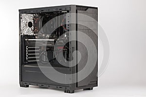 Open midi tower computer case on white background