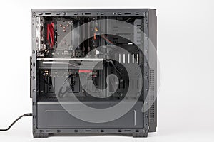 Open midi tower computer case on white background