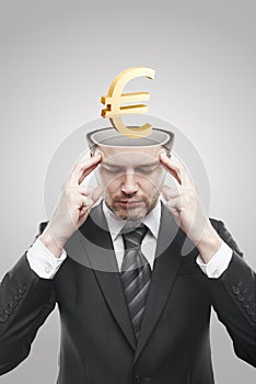 Open minded man with 3d Gold Euro Sign inside