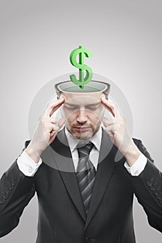 Open minded man with 3d Green Dollar Sign inside