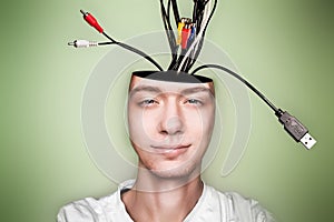 Open minded man, with cables out head