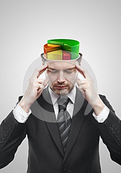 Open minded man with colorful 3d pie chart graph