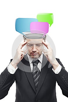 Open minded man with speech bubbles inside