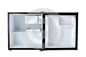 Open mini refrigerator cut out on white background