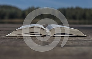 Open modern book on wood desk with copy space for text and nature landscape on background. Concept of summer reading