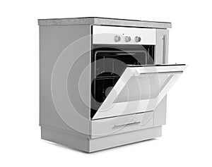 Open modern electric oven on white background