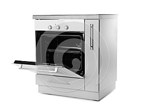 Open modern electric oven on white background.