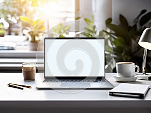 Open modern laptop with blank white screen mockup