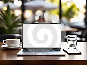 Open modern laptop with blank white screen mockup