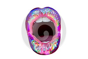 Open mouth. Colorful female lips. Space lipstick. Lips icon  on white background. Pride icon. Sexy mouth