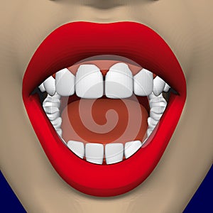 Open mouth of a girl with bright red lips and snow-white healthy teeth. 3D. Vector illustration