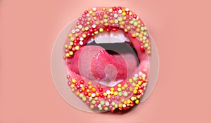 Open mouth with red female lips and tongue. Woman sweets icon  on pink skin background. Facial expression