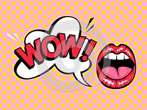 Open mouth with speech bubble saying wow photo