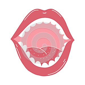 Open mouth with teeth in cartoon flat style. Hand drawn vector illustration of human lips and tongue for stickers, web