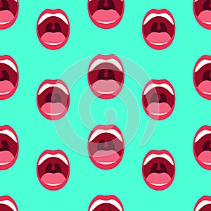 Open Mouth with Teeth and Tongue flat icon seamless pattern.