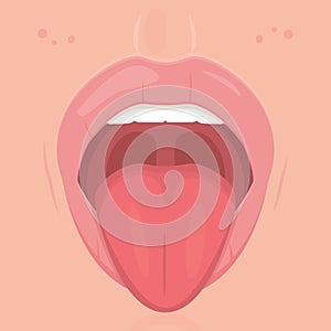 Open mouth with teeth and tongue. Funny expression mouth showing tongue. Medical poster, otorhinolaryngology photo