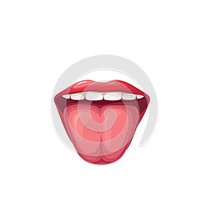 Open mouth with tongue and teeth, red lips of girl, isolated healthy oral cavity