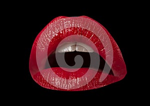 Open mouth woman close up. Sexy red female lips. Sensual open mouth. Isolated lip, surprised wow icon.