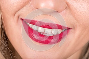 Open Mouth And Woman Smile with Red Lips and White Teeth.