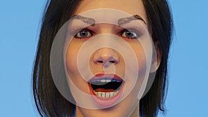 Open mouth woman surprise expression cartoon surprised girl on blue background 3D illustration