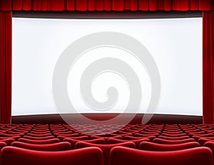 Open movie screen in cinema theater 3d illustration