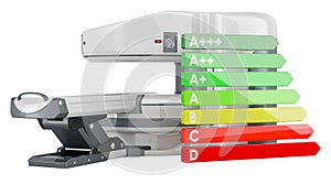 Open MRI machine with energy efficiency chart, 3D rendering