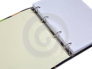Open multicolored lever arch ring file folder with paper sheets