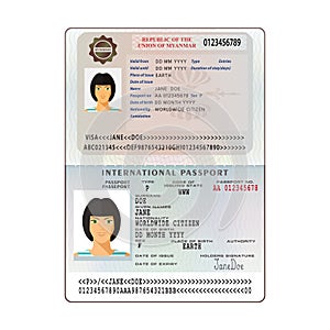 Open Myanmar international passport visa sticker template in flat style. Vector EPS10