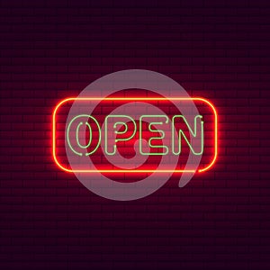 Open neon sign on brick wall. Vintage signboard