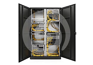 Open network server rack with dense cabling and hardware components