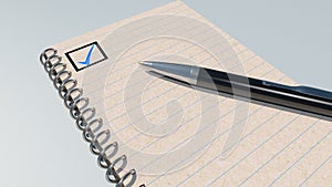 An open notebook with a ballpoint pen and a check mark. 3D rendering