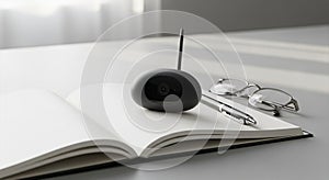 An open notebook with blank pages