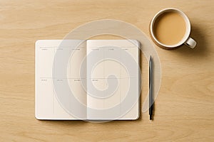 Open notebook with blank pages, pen, and coffee cup on desk
