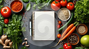 Open notebook with blank pages ready for recipes, surrounded by a rich selection of fresh vegetables and herbs,