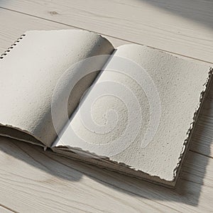 An open notebook with blank, textured pages rests on a light wooden surface. The