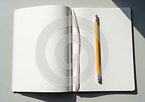 An open notebook with blank white pages lies on a flat surface. A yellow pencil,