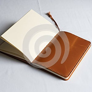 An open notebook with a brown leather cover rests on a white surface