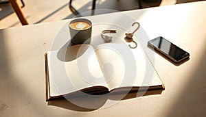 Open Notebook, Coffee, and Tech on Sunny Table