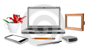 Open notebook with common office elements on white