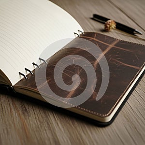 Open notebook with a dark brown leather cover featuring visible