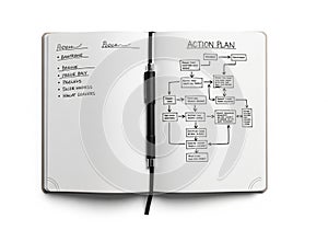 Open notebook displaying an action plan with handwritten lists and a flowchart. Left page titled 