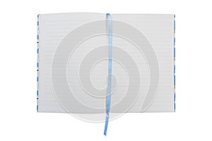 Open notebook empty pages top view. Lined notepad isolated on white background. Note book spreadsheet pages. Opened dairy or