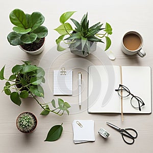 An open notebook with glasses rests beside a lined notepad pen and